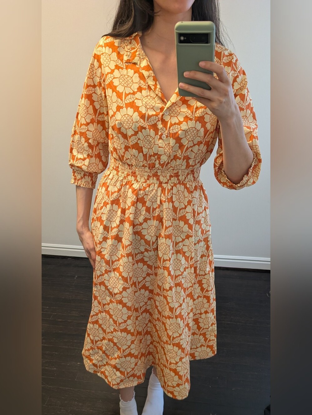 Sweet Salt Floral Sunflower Shirred Waist Orange Midi Dress